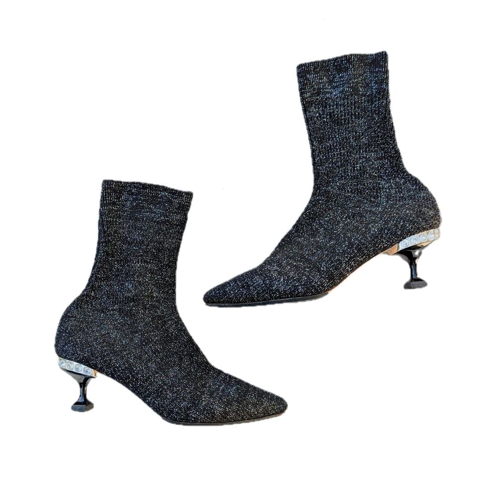 MIU MIU Crystal Embellished Black & Silver Sock Boots / Ankle Boots, Sz. 36 / 6